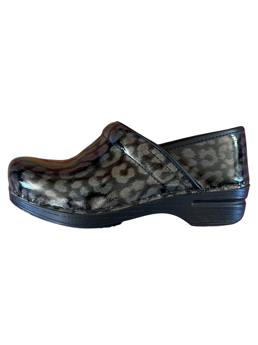 Dansko | Women’s Black/Grey Patent Leather Leopard Print Professional Clogs Sz 9